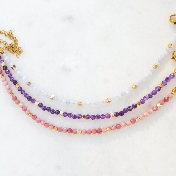 3 beaded bracelets! Bundle dainty beaded stacking bracelets amethyst rhodolite - Picture 1 of 11
